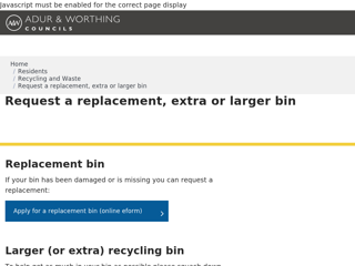Screenshot for https://www.adur-worthing.gov.uk/recycling-and-waste/replacement-bins/