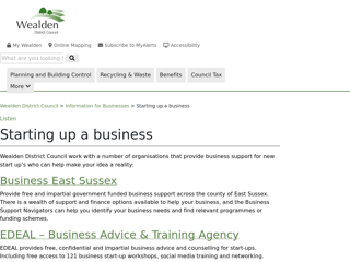 Screenshot for https://www.wealden.gov.uk/information-for-businesses/starting-up-a-business/