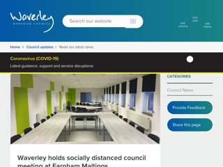 Screenshot for https://www.waverley.gov.uk/Council-updates/Read-our-latest-news/ArtMID/1683/ArticleID/66/Waverley-holds-socially-distanced-council-meeting-at-Farnham-Maltings