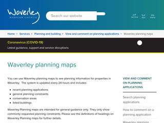 Screenshot for https://www.waverley.gov.uk/Services/Planning-and-building/View-and-comment-on-planning-applications/Waverley-planning-maps