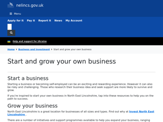 Screenshot for https://www.nelincs.gov.uk/business-and-investment/start-and-grow-your-own-business/