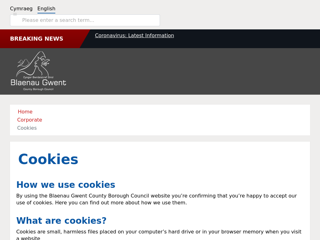 Screenshot for https://www.blaenau-gwent.gov.uk/en/corporate/cookies/