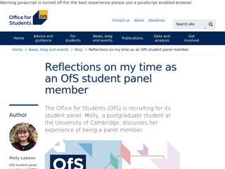 Screenshot for https://www.officeforstudents.org.uk/news-blog-and-events/blog/reflections-on-my-time-as-an-ofs-student-panel-member/