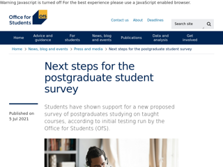 Screenshot for https://www.officeforstudents.org.uk/news-blog-and-events/press-and-media/next-steps-for-the-postgraduate-student-survey/