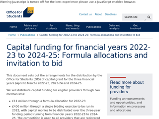 Screenshot for https://www.officeforstudents.org.uk/publications/capital-funding-for-2022-23-to-2024-25-formula-allocations-and-invitation-to-bid/