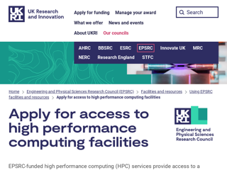 Screenshot for https://www.ukri.org/councils/epsrc/facilities-and-resources/using-epsrc-facilities-and-resources/apply-for-access-to-high-performance-computing-facilities/