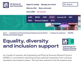 Screenshot for https://www.ukri.org/councils/epsrc/guidance-for-applicants/equality-diversity-and-inclusion-support/