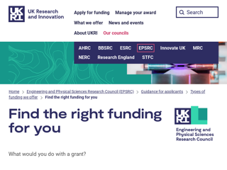 Screenshot for https://www.ukri.org/councils/epsrc/guidance-for-applicants/types-of-funding-we-offer/find-the-right-funding-for-you/