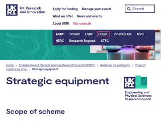 Screenshot for https://www.ukri.org/councils/epsrc/guidance-for-applicants/types-of-funding-we-offer/strategic-equipment/