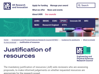 Screenshot for https://www.ukri.org/councils/epsrc/guidance-for-applicants/what-to-include-in-your-proposal/justification-of-resources/