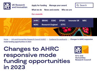 Screenshot for https://www.ukri.org/councils/ahrc/guidance-for-applicants/changes-to-ahrc-responsive-mode-funding-opportunities-in-2023/