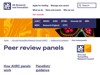 Screenshot for https://www.ukri.org/councils/ahrc/guidance-for-reviewers/peer-review-panels/
