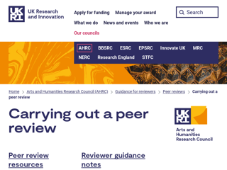 Screenshot for https://www.ukri.org/councils/ahrc/guidance-for-reviewers/peer-reviews/carrying-out-a-peer-review/