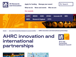 Screenshot for https://www.ukri.org/councils/ahrc/innovation-and-international-partnerships/