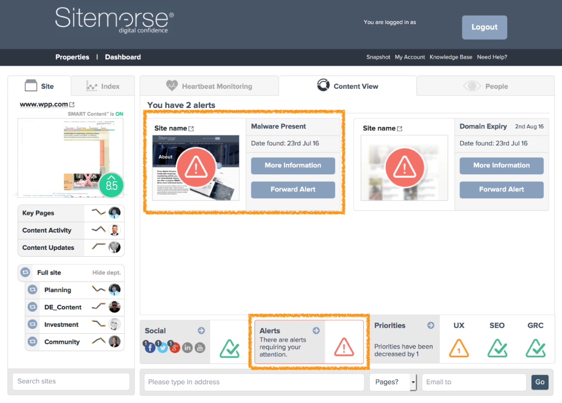 Screenshot of new Sitemorse dashboard with Malware highlighted