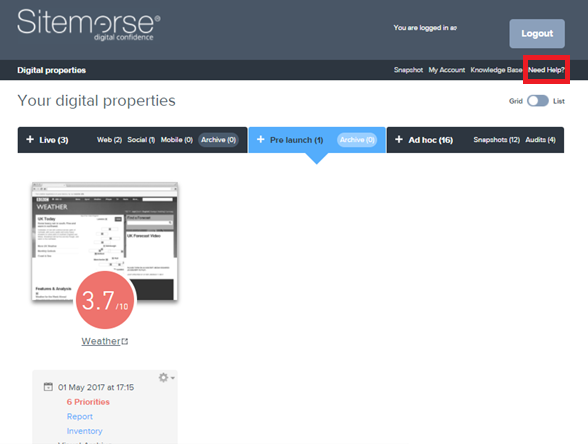 Example of Knowledge Base Location when logged in to Sitemorse