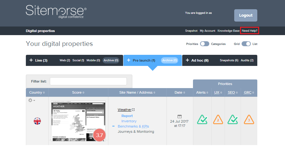 Screenshot of Sitemorse dashboard showing 'Need Help'