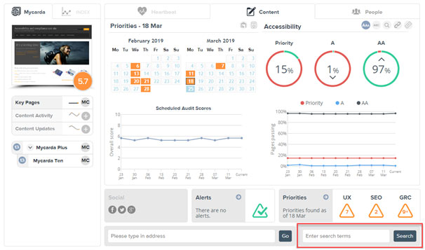 Screenshot of Sitemorse Dashboard showing Search Facility Location Highlightes