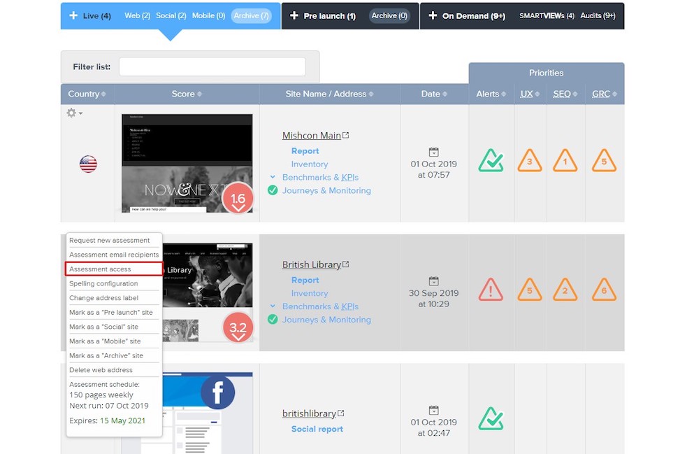 Screenshot showing where in Sitemorse to edit the assessment assess for a site