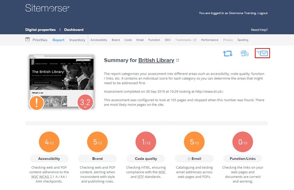 Screenshot of the Sitemorse Interface showing how to forward a report on via Email
