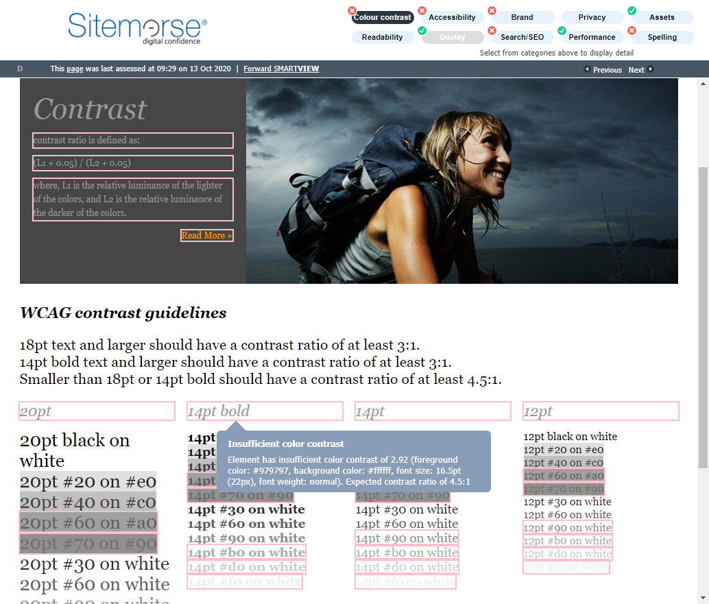 SmartView screen shot showing colour contrats