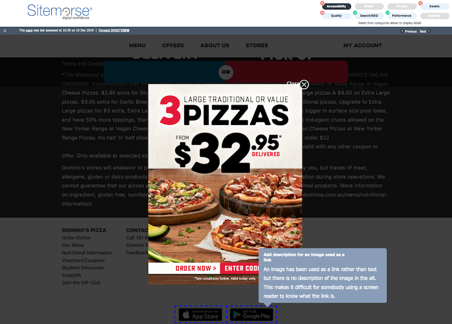 Screenshot of assessment of https://www.dominos.com.au/ ran at 10:39 GMT on 10/12/2019