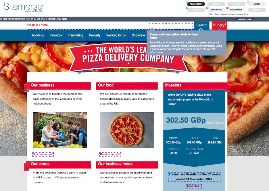 Screenshot of assessment of https://corporate.dominos.co.uk/ ran at 10:35 GMT on 10/12/2019