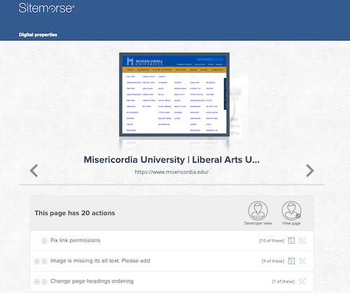 Screenshot of Sitemorse assessment of Miscordia University's home page