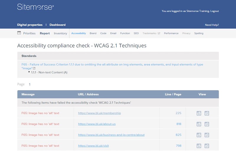 Screenshot showing Sitemorse listing of no alt text for images