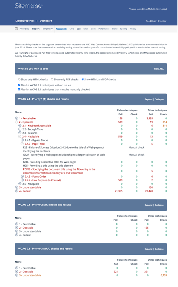 Screenshot of Sitemorse Reports Accessibility Diagnostic Detail Page