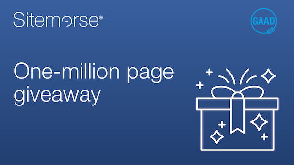 Infographic with blue background, Sitemorse logo, GAAD logo, present icon and the text 'One-million page giveaway'
