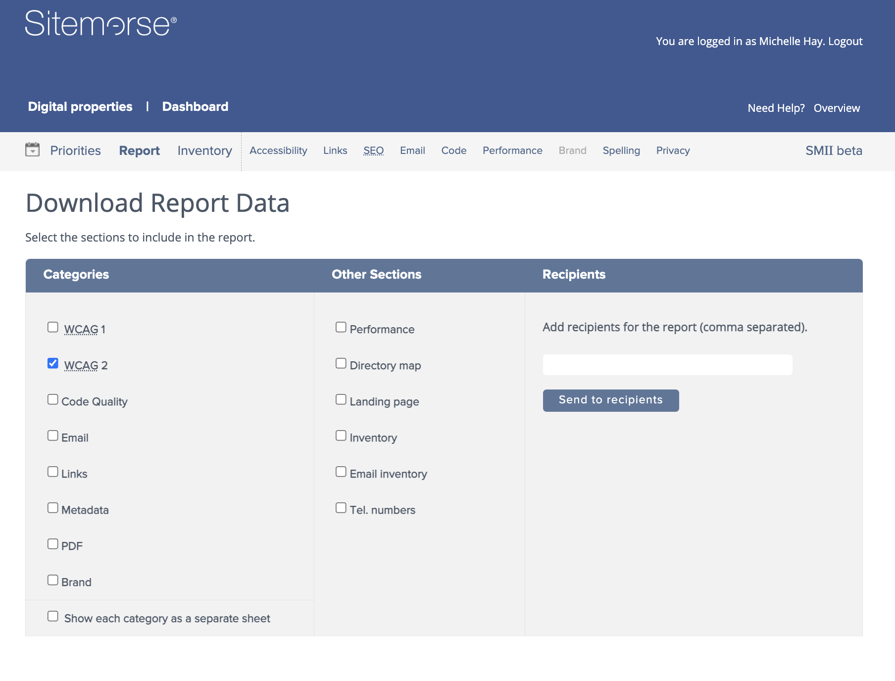Screenshot of Sitemorse system showing a report being downloaded.