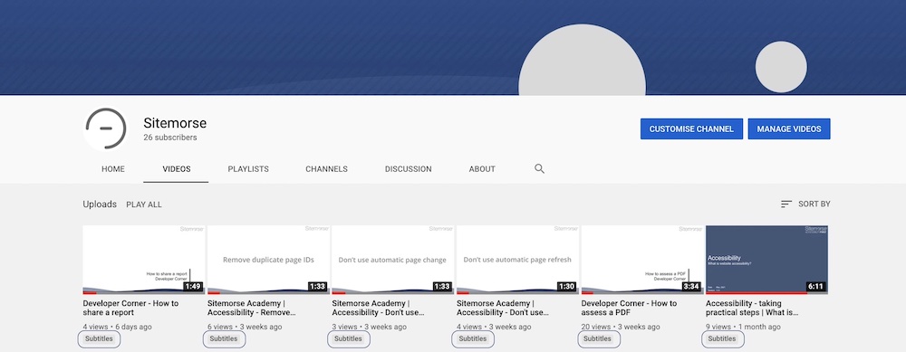 Example of YouTube homepage for a channel showing subtitles icon highlighted.